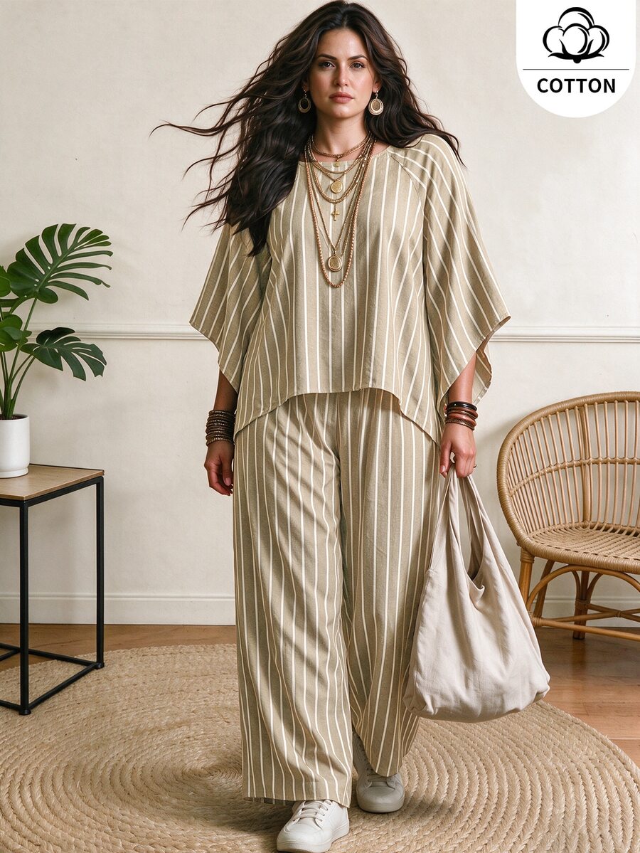 Ceyna Plus Striped Print Batwing Sleeve Top & Wide Leg Pants Set - Khaki - View 1