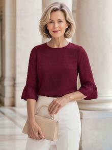 EMERY ROSE Middle-Aged And Elderly Women Round Neck Flare Sleeve Fashion Blouse - Red - View 5