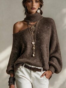 SHEIN 新款秋季精緻不對稱鏤空高領女款華夫格針織毛衣 落肩 泡泡袖口 S - 咖啡棕 - 查看 1