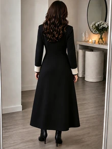Yalmera Two Tone Double Breasted Overcoat - Black - View 2