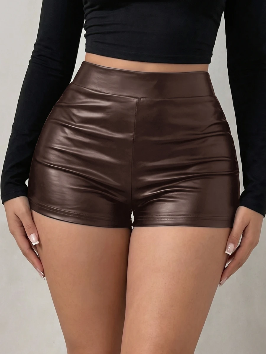 SHEIN SXY 高腰 PU 皮革直筒短褲 - 棕色 - 查看 1