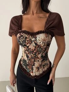 Firerie A Vintage Corset Top With Jacquard Frill Trim, Front Hook-And-Eye Closure, Back Lace-Up Open Back, Bust-Shaping Corset For Women, Halloween Party Out - Coffee Brown - View 3