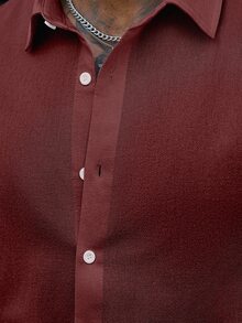 Manfinity CasualCool 男士輕商務風百搭白色棉質紋理長袖襯衫，成熟休閒通勤多功能辦公穿搭 - 紅色 - 查看 3