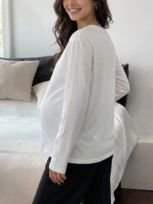 DAZY Embroidered Pattern Loose Long Sleeve Round Neck Casual Everyday Versatile Spring Autumn Maternity T-Shirt - White - View 7