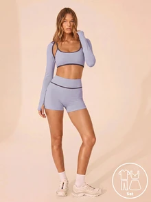 Aralina Women's Camisole Top And Striped Color Block Shorts With Long Sleeve Cardigan Sports Set - Purple - View 3