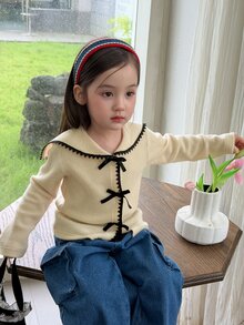 Dazy Kids Infant/Toddler (Girl) Contrast Color Bow Collar Long Sleeve Autumn/Winter Korean Style Top - Apricot - View 4