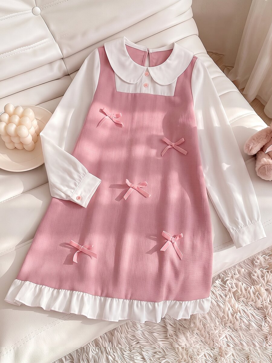 Dazy Kids Tween Girl Bow Decor Colorblock Casual Daily Summer Dress - Pink - View 1