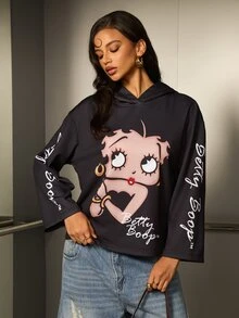 Betty Boop x SHEIN Women's Letter Cartoon Print Casual Daily Sweatshirt Sweatshirt - Black - View 1