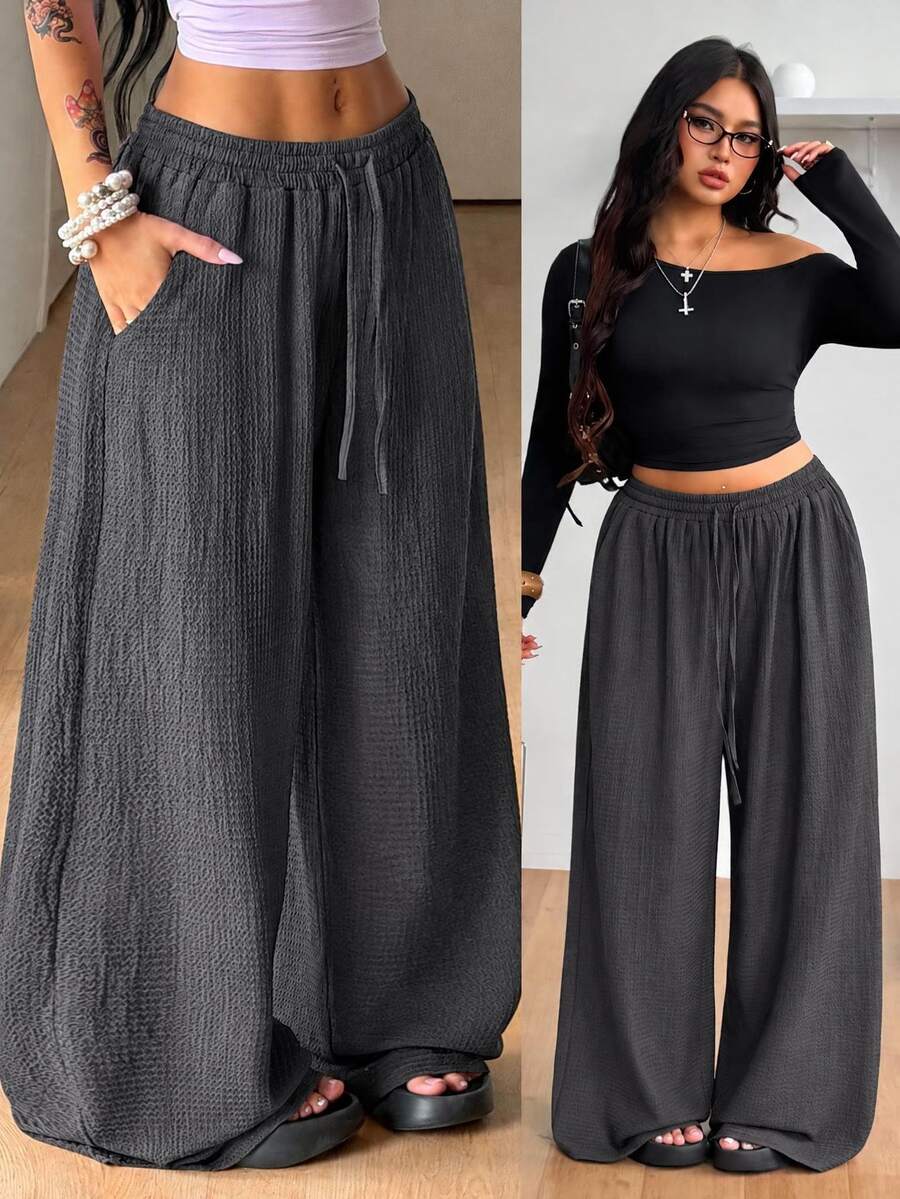 Coolane Women's Plus Size Summer Fall Vacation Casual Boho Drawstring Waist Loose High-Waist Chocolate Brown Pants - Dark Grey - View 1