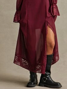 WESTFADE 2PCS Women Red Lace Ruffle Maxi Leg Slit Dresses, Fall, Autumn, Cowgirl, Western, Country Concert, Boho, Cute, Festival, Thanksgiving, Christmas - Red - View 2