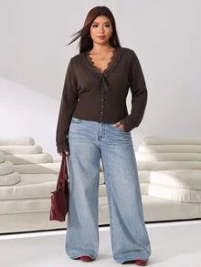 Solflare Plus Lace Trim Button Front Cardigan - Brown - View 5