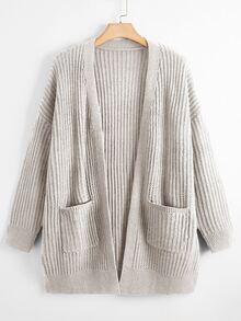 SHEIN LUNE 大尺碼雙口袋休閒設計針織開襟衫，女款秋冬冬季衣物 - 灰色 - 查看 1