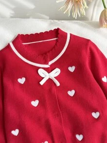 Baby Girl Embroidery Heart Pattern Bow Front Sweater - Red - View 5