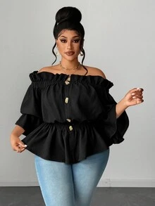 Maweii Plus Size Women Solid Color Off Shoulder Frill Trim Metal Design Blouse Fall - Black - View 9