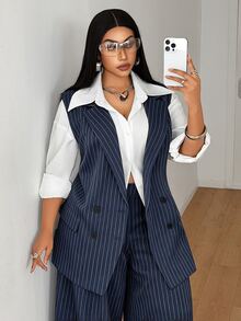 Mawevolt Plus Size Women's Button Striped Vest Jacket And Loose Long Pants Suit Set - Navy Blue - View 2