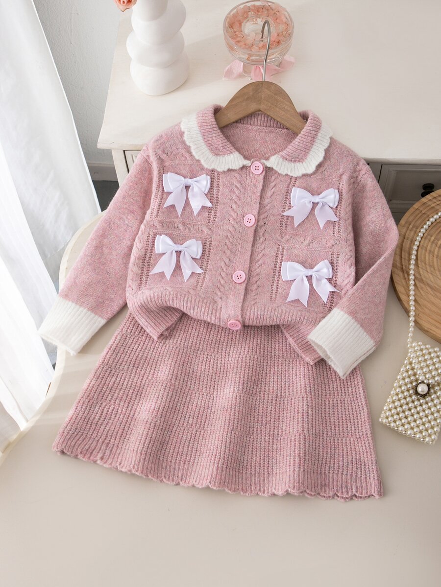 SHEIN Setelan Rajut 2 Potong untuk Anak Perempuan, Kerah Peter Pan, Pita, Rajut Kabel, Blok Warna, Gaya Putri, Musim Semi/Musim Gugur, Rok, Atasan Kardigan, Pakaian Manis untuk Anak Perempuan - Berwarna merah muda - View 1