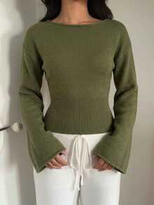 Aloruh Women's Solid Color Casual Daily Wear Long Sleeve Sweater - Green - View 3