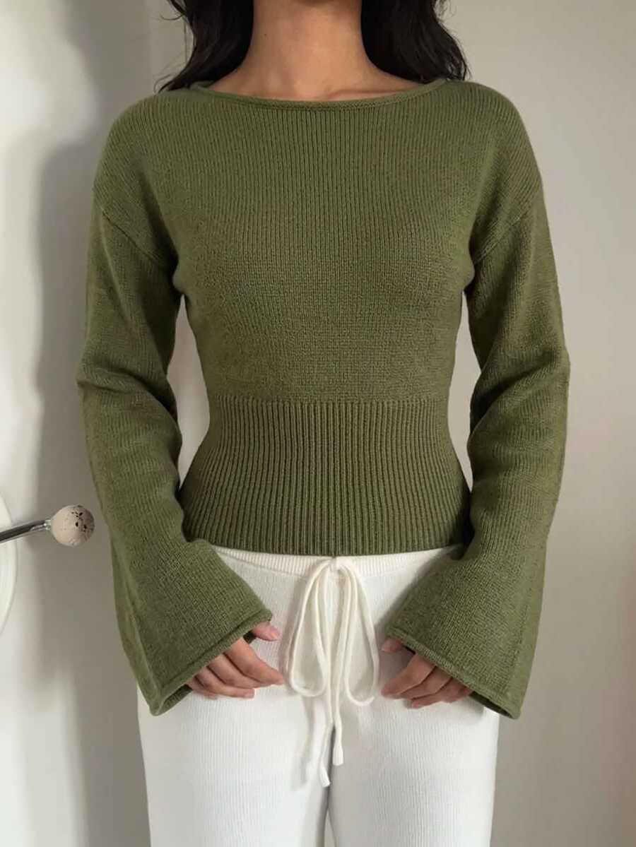 Aloruh Women's Solid Color Casual Daily Wear Long Sleeve Sweater - Green - View 1