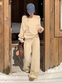 Dazy Tall Setelan Wanita 2 Potong: Sweatshirt Polos Kasual Tanpa Bahu dan Celana Jogging Longgar untuk Musim Gugur - Grey - View 7
