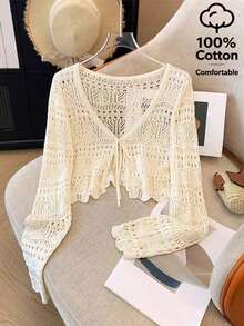 SHEIN Franclia New Solid Color Hollow Crochet Sun Protection Cardigan Women Versatile Outerwear Knit Cardigan - Apricot - View 1