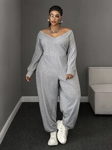 Maweii Plus Size European & American Sexy V-Neck Grey Long Sleeve Sports Sweatshirt Jumpsuit - Grey - View 4