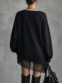 LUMIGAL Women's Solid Color Cutout Design Lace Hem Loose Fit Dress - Black - View 2