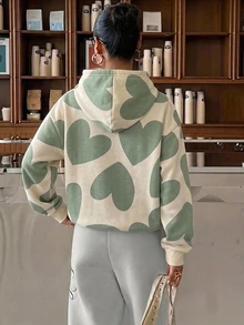 SHEIN EZwear 女款休閒寬鬆連帽衛衣，愛心圖案衛衣，女款秋冬服飾 - 彩色 - 查看 2