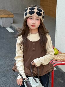 Dazy Kids Tween Girl) Sleeveless Round Neck Pullover Tank Top With Frill Trim Cute Top + Inner T-Shirt 2pcs Set - Coffee Brown - View 4