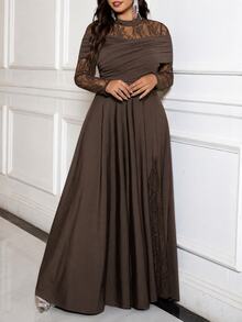 Reflora Elegant Casual Minimalist Pearl Decorated Mesh Patchwork Long Sleeve Dress Autumn Wedding Halloween Formal Cocktail Black Fall - Coffee Brown - View 7