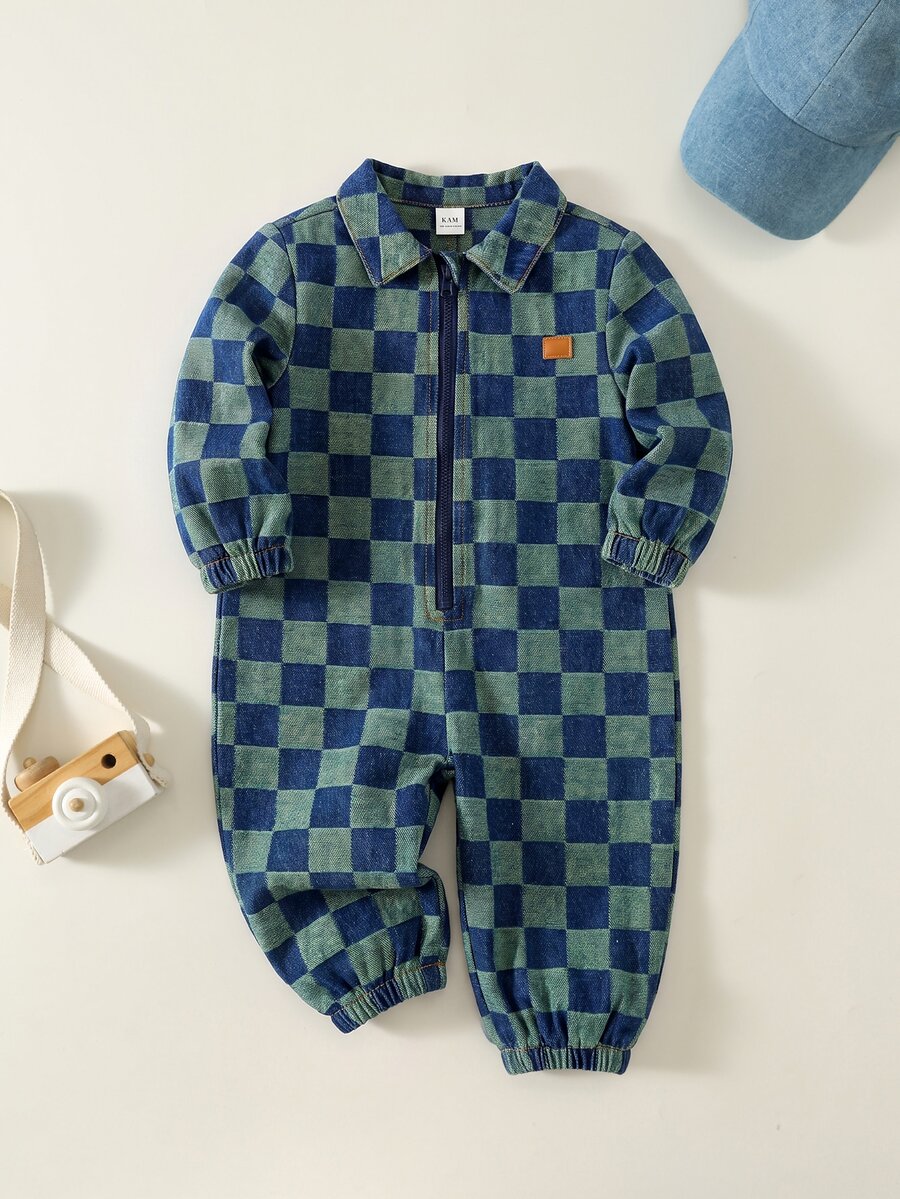 SHEIN Baby Boy Checkered Zipper Front Denim Jumpsuit - Multicolor - View 1