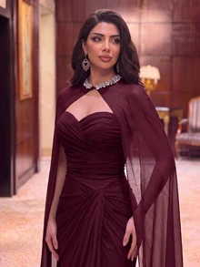Aureia Elegant Luxury Burgundy Pleated Ruffle Fitted Mermaid Hem Evening Gown, Suitable For Evening Parties, Balls, Weddings, Events, Music Festivals (Heavy Workmanship Design) - Burgundy - View 4