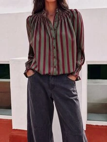 Nöista Striped Shirt With Gathered Stand Collar And Puff Sleeves - Multicolor - View 6