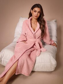 Lazeform Dual Pocket Shawl Collar Belted Flannel Lounge Robe - Pink - View 6
