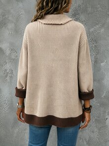 SHEIN Women's Vintage Contrast Color Lapel Long Sleeve Knit Cardigan - Apricot - View 2