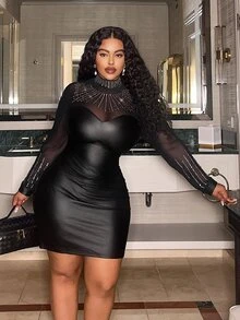 SHEIN CURVE+ Plus Size Women's Patchwork Rhinestone Mesh Stand Collar Long Sleeve PU Leather Fashion Dress - Black - View 3