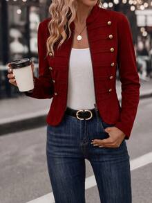 Editum Jaket Napoleon Wanita Lengan Panjang Warna Polos dengan Resleting dan Kancing, Desain Kantor, Cokelat Tua, Musim Gugur, Elegan, Kasual Pintar - Merah - View 3