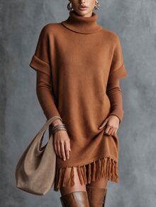 LanaWest Turtleneck Batwing Sleeve Fringe Hem Sweater Dress - Brown - View 5