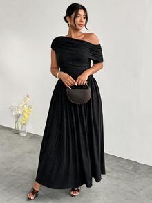 Firerie Plus Size Women's Elegant Solid Color Shimmer Fabric Dress, Asymmetrical Neckline Design To Highlight Graceful Curves; Suitable For Summer Weddings, Evening Parties, Cocktail Parties, Graduation Ceremonies And Other Formal Occasions. - Black - View 5