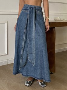 Livesso Autumn Blue High Waist Button Pocket Decor Washed Casual Versatile Women's Denim Skirt - Blue - View 1