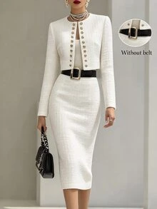 SHEIN Women's Double-Breasted Open Front Jacket And Skirt Elegant Two Pieces Set - White - View 6