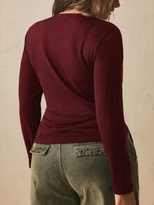 Freevana Plus Size Women's Black Long Sleeve Round Neck Thermal Base Layer Top, Ruched Waist T-Shirt Autumn Business Casual Winter - Burgundy - View 2