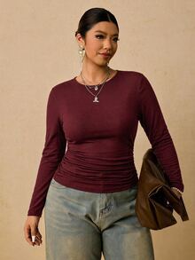 Freevana Plus Size Women's Black Long Sleeve Round Neck Thermal Base Layer Top, Ruched Waist T-Shirt Autumn Business Casual Winter - Burgundy - View 5