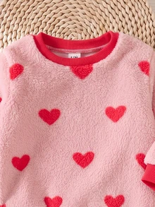 SHEIN Playful Pals 女嬰 2 件組心形紅粉圖案泰迪絨套裝，衛衣與純色內搭褲套裝 - 杏色 - 查看 4
