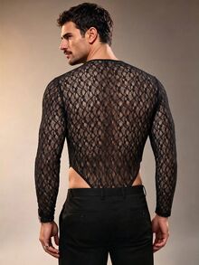 ZURIURI Jumpsuit thời trang nam phối ren xuyên thấu, lưới và lưới mắt cáo - màu đen - Xem 3