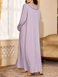 PalaceNights Heavy Embroidery Long Sleeve V-Neck Patchwork Lace Trim Loose Maternity Nightgown - Lilac Purple - View 2
