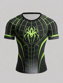 GymBeat Men's Spider Print Raglan Short Sleeve Sports Athletic Athleisure T-Shirt Halloween Workout Gym Black Summer - Multicolor - View 3