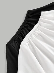 SHEIN 青少年女孩秋季 2 件裝基礎針織上衣，白色與黑色無袖高領羅紋修身 T-shirt，舒適柔軟層搭返校穿搭套裝 - 黑與白 - 查看 6