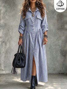 Ceyna Plus Striped Print Roll Tab Sleeve Shirt Dress - Blue and White - View 5