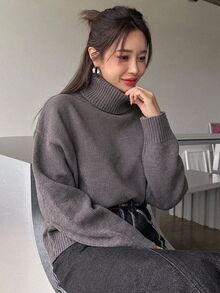 DAZY 女款秋冬百搭休閒純色高領毛衣 - Volcanic Gray - 查看 5