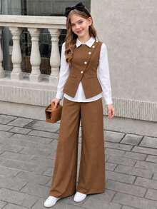 SHEIN Girls' Autumn/Spring Casual Fashion Simple V-Neck Sleeveless Belt Jacket Long-Sleeved White Shirt Loose Wide-Leg Straight-Leg Trousers Three-Piece Set - Brown - View 6